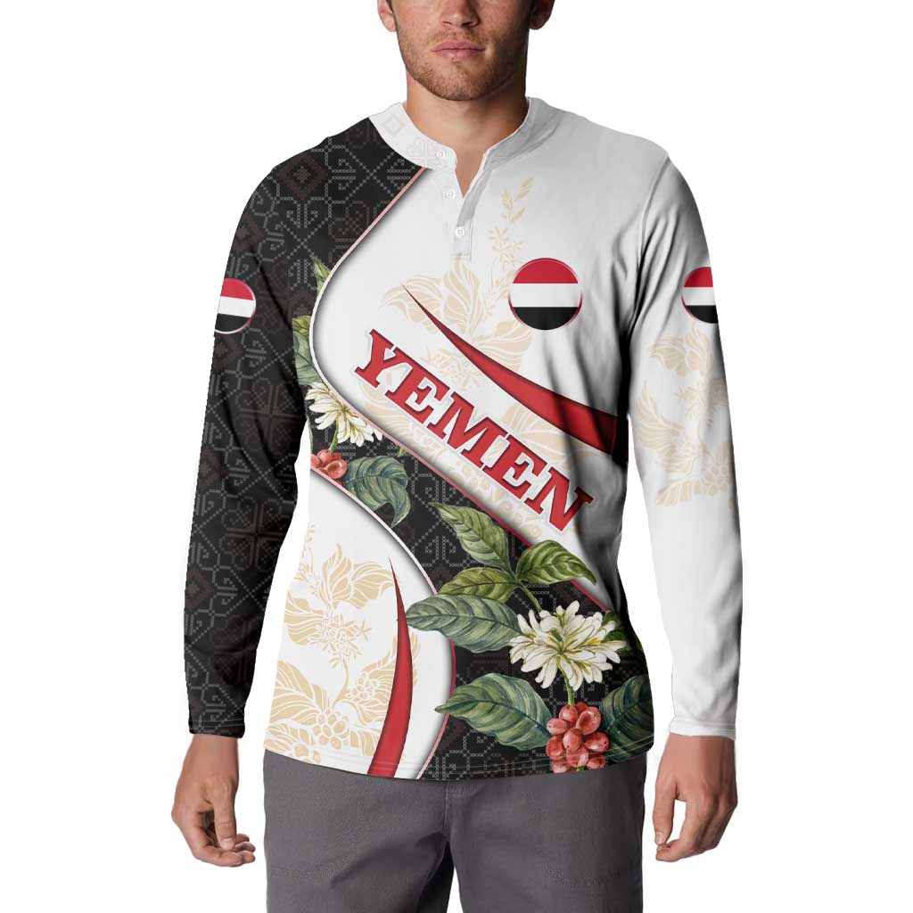 Yemen Button Sweatshirt with Mocha Coffee Plant Design and National Flag Accents