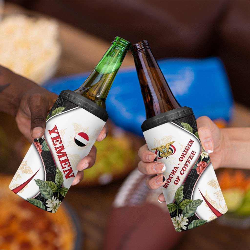 Yemen 4 in 1 Can Cooler Tumbler with Mocha Coffee Plant Design and National Flag Accents