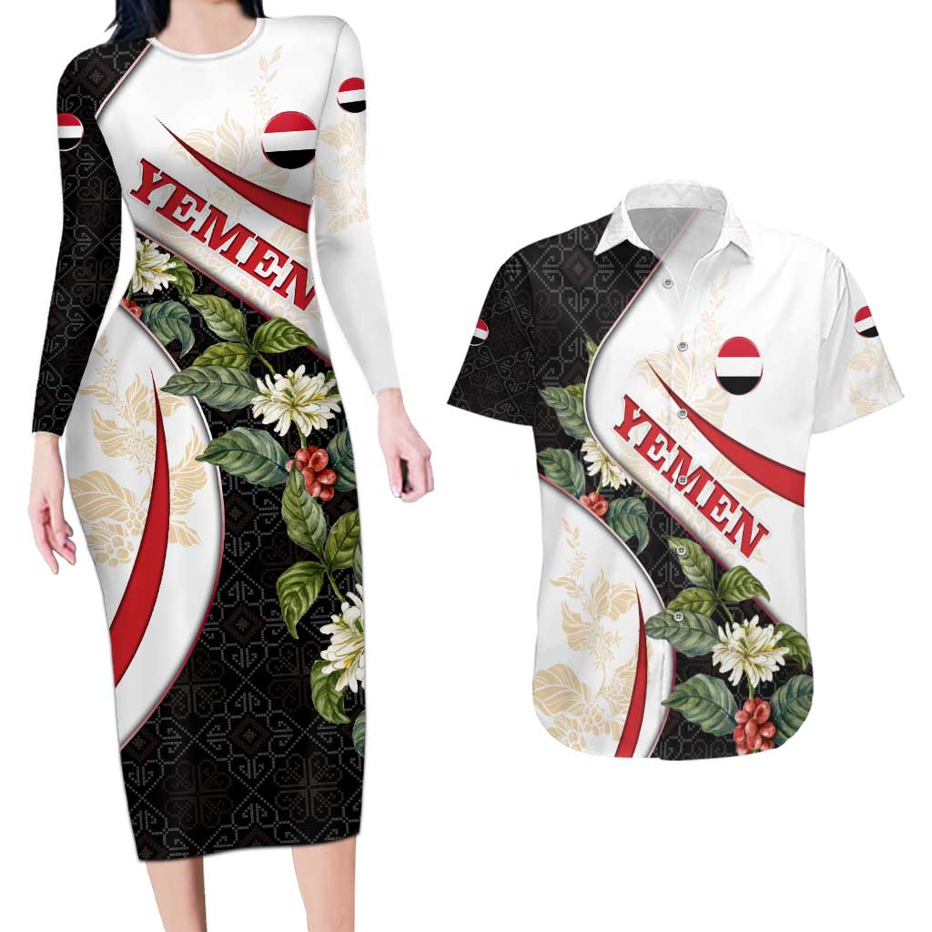Yemen Couples Matching Long Sleeve Bodycon Dress and Hawaiian Shirt with Mocha Coffee Plant Design and National Flag Accents