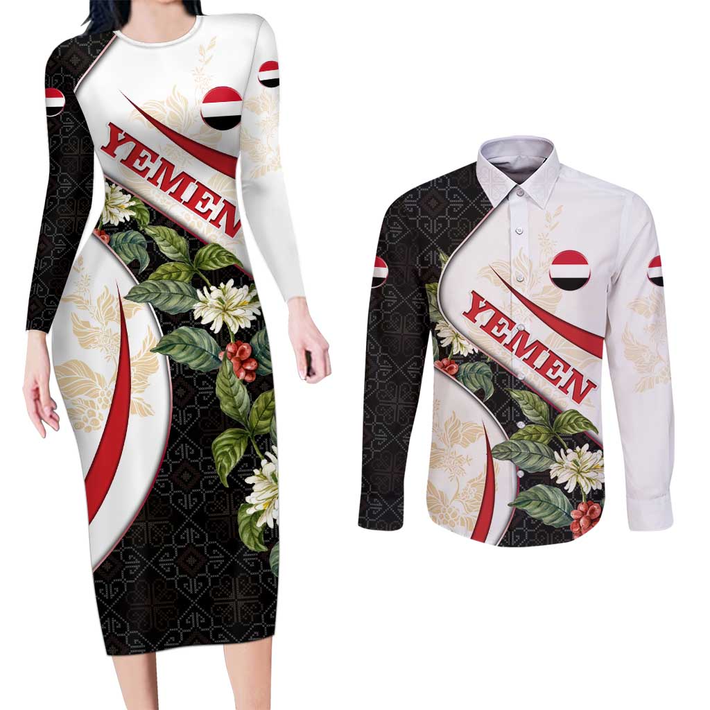 Yemen Couples Matching Long Sleeve Bodycon Dress and Long Sleeve Button Shirt with Mocha Coffee Plant Design and National Flag Accents