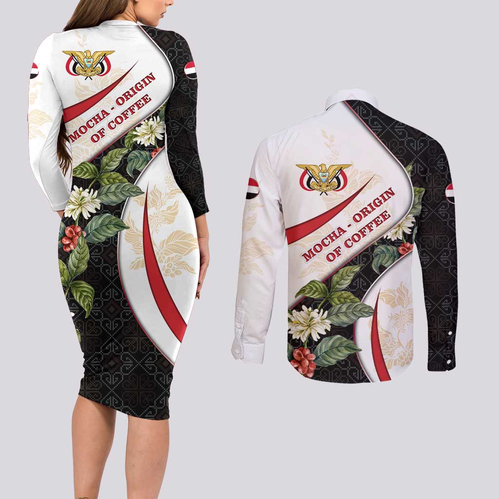 Yemen Couples Matching Long Sleeve Bodycon Dress and Long Sleeve Button Shirt with Mocha Coffee Plant Design and National Flag Accents