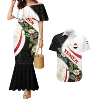 Yemen Couples Matching Mermaid Dress and Hawaiian Shirt with Mocha Coffee Plant Design and National Flag Accents