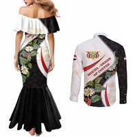 Yemen Couples Matching Mermaid Dress and Long Sleeve Button Shirt with Mocha Coffee Plant Design and National Flag Accents