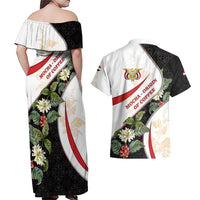 Yemen Couples Matching Off Shoulder Maxi Dress and Hawaiian Shirt with Mocha Coffee Plant Design and National Flag Accents