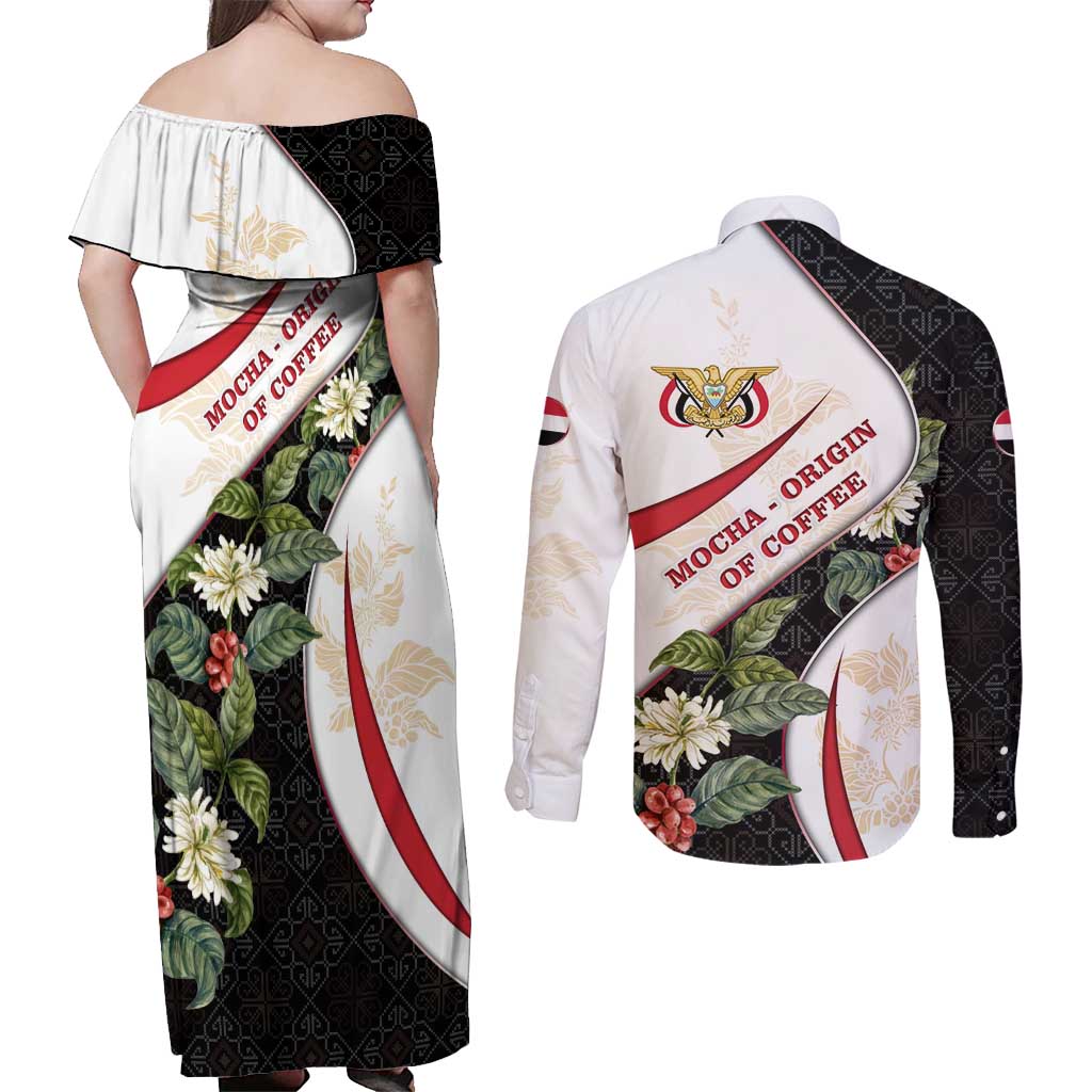 Yemen Couples Matching Off Shoulder Maxi Dress and Long Sleeve Button Shirt with Mocha Coffee Plant Design and National Flag Accents