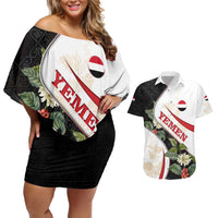 Yemen Couples Matching Off Shoulder Short Dress and Hawaiian Shirt with Mocha Coffee Plant Design and National Flag Accents