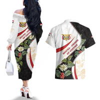 Yemen Couples Matching Off The Shoulder Long Sleeve Dress and Hawaiian Shirt with Mocha Coffee Plant Design and National Flag Accents