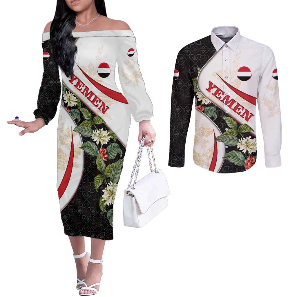 Yemen Couples Matching Off The Shoulder Long Sleeve Dress and Long Sleeve Button Shirt with Mocha Coffee Plant Design and National Flag Accents