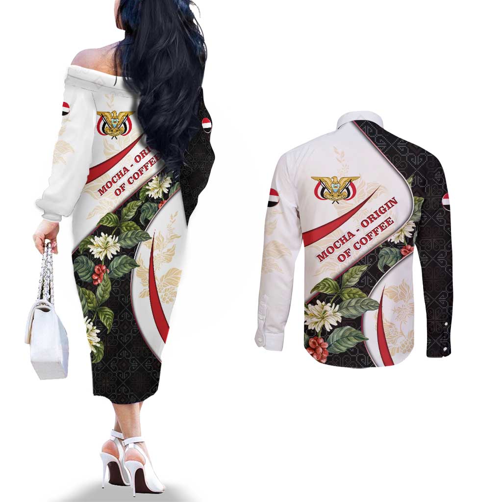 Yemen Couples Matching Off The Shoulder Long Sleeve Dress and Long Sleeve Button Shirt with Mocha Coffee Plant Design and National Flag Accents