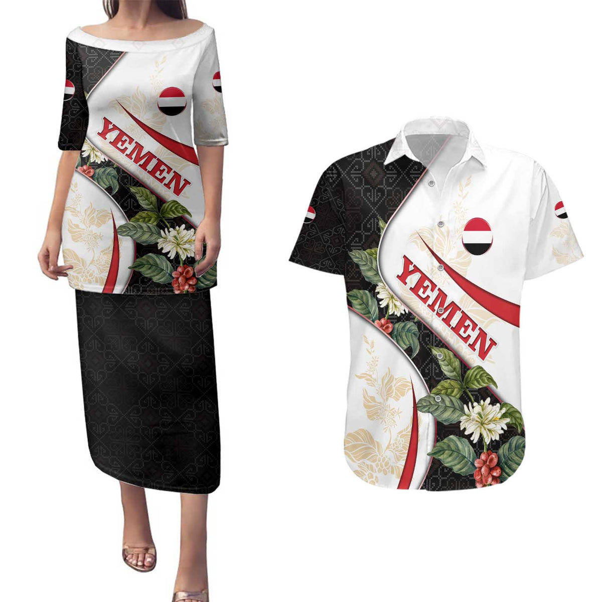 Yemen Couples Matching Puletasi and Hawaiian Shirt with Mocha Coffee Plant Design and National Flag Accents