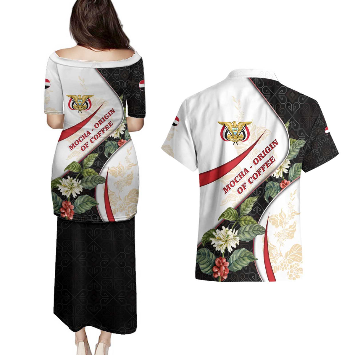 Yemen Couples Matching Puletasi and Hawaiian Shirt with Mocha Coffee Plant Design and National Flag Accents