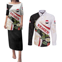 Yemen Couples Matching Puletasi and Long Sleeve Button Shirt with Mocha Coffee Plant Design and National Flag Accents