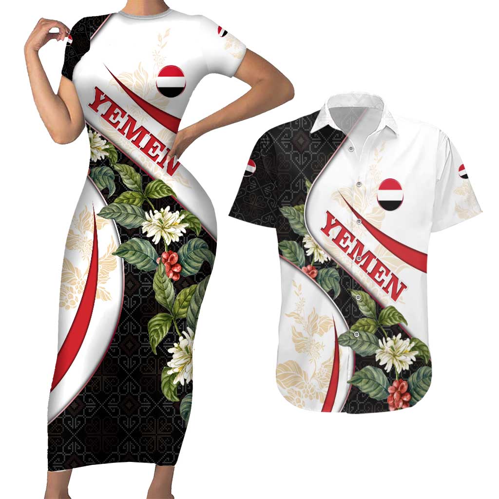 Yemen Couples Matching Short Sleeve Bodycon Dress and Hawaiian Shirt with Mocha Coffee Plant Design and National Flag Accents