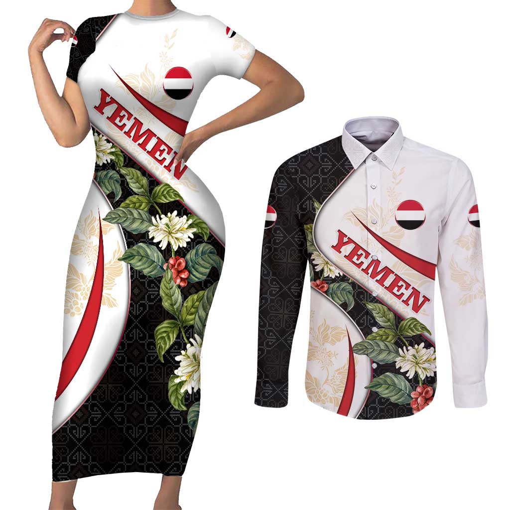 Yemen Couples Matching Short Sleeve Bodycon Dress and Long Sleeve Button Shirt with Mocha Coffee Plant Design and National Flag Accents