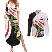 Yemen Couples Matching Summer Maxi Dress and Long Sleeve Button Shirt with Mocha Coffee Plant Design and National Flag Accents