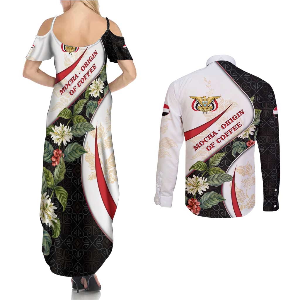 Yemen Couples Matching Summer Maxi Dress and Long Sleeve Button Shirt with Mocha Coffee Plant Design and National Flag Accents