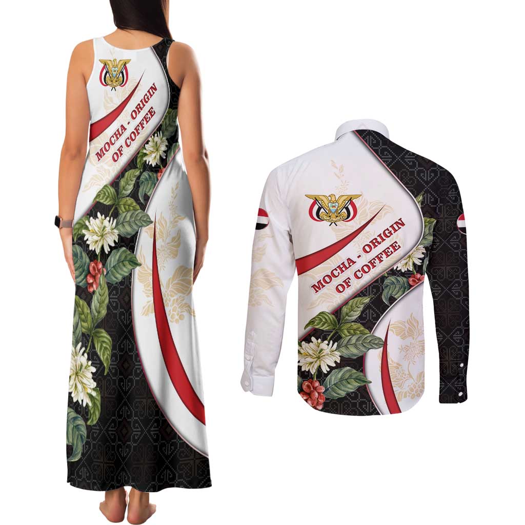 Yemen Couples Matching Tank Maxi Dress and Long Sleeve Button Shirt with Mocha Coffee Plant Design and National Flag Accents