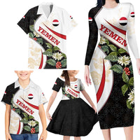 Yemen Family Matching Long Sleeve Bodycon Dress and Hawaiian Shirt with Mocha Coffee Plant Design and National Flag Accents