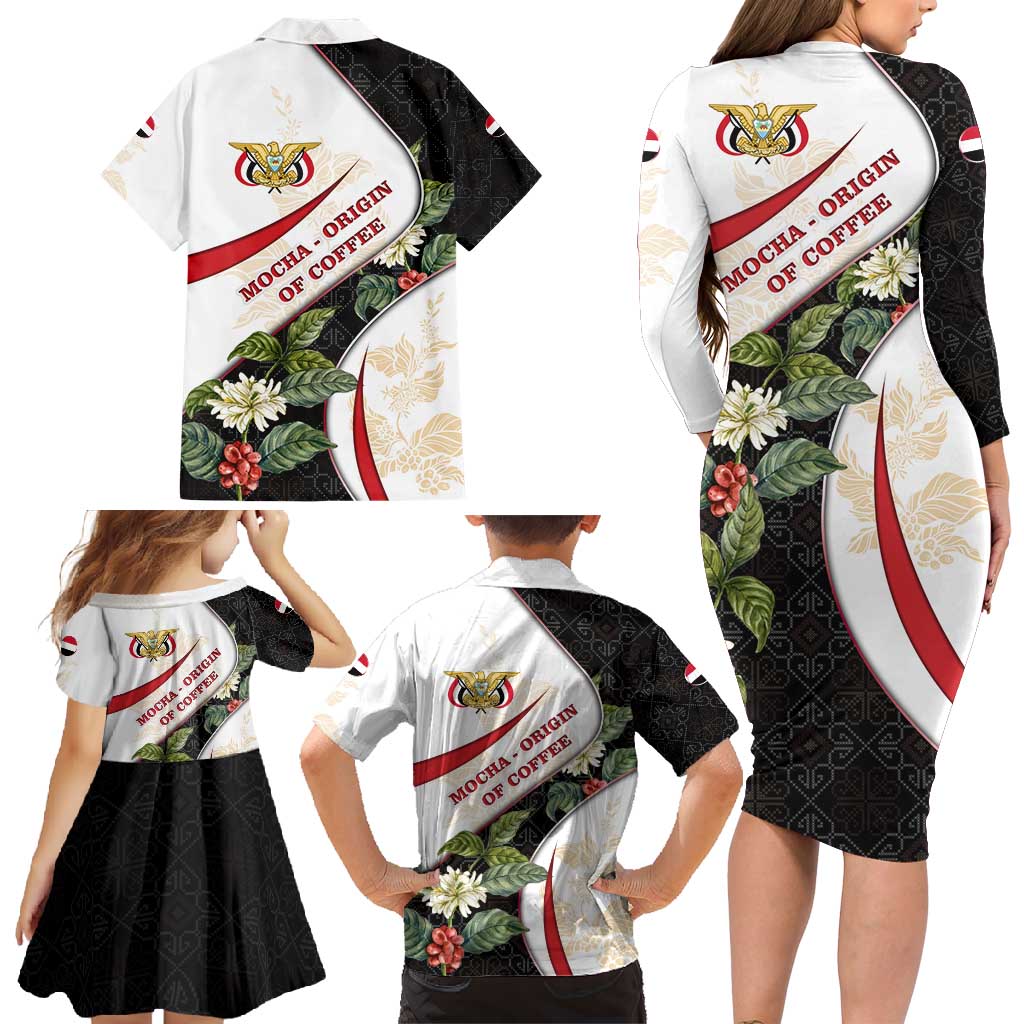 Yemen Family Matching Long Sleeve Bodycon Dress and Hawaiian Shirt with Mocha Coffee Plant Design and National Flag Accents
