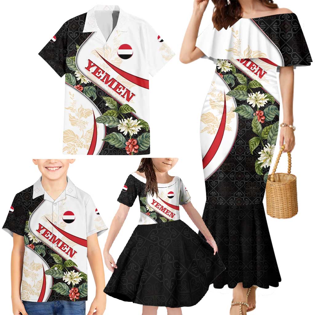 Yemen Family Matching Mermaid Dress and Hawaiian Shirt with Mocha Coffee Plant Design and National Flag Accents