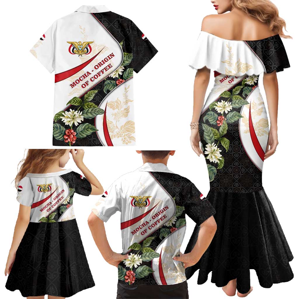 Yemen Family Matching Mermaid Dress and Hawaiian Shirt with Mocha Coffee Plant Design and National Flag Accents
