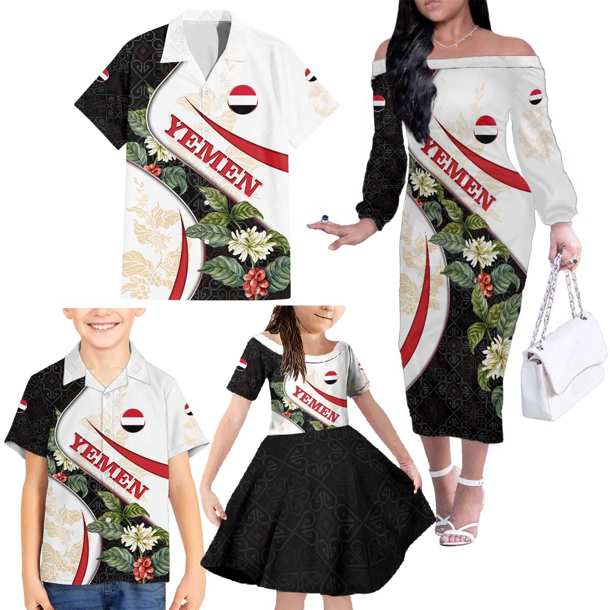 Yemen Family Matching Off The Shoulder Long Sleeve Dress and Hawaiian Shirt with Mocha Coffee Plant Design and National Flag Accents