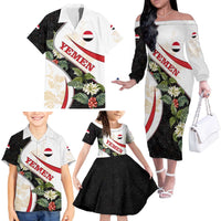 Yemen Family Matching Off The Shoulder Long Sleeve Dress and Hawaiian Shirt with Mocha Coffee Plant Design and National Flag Accents
