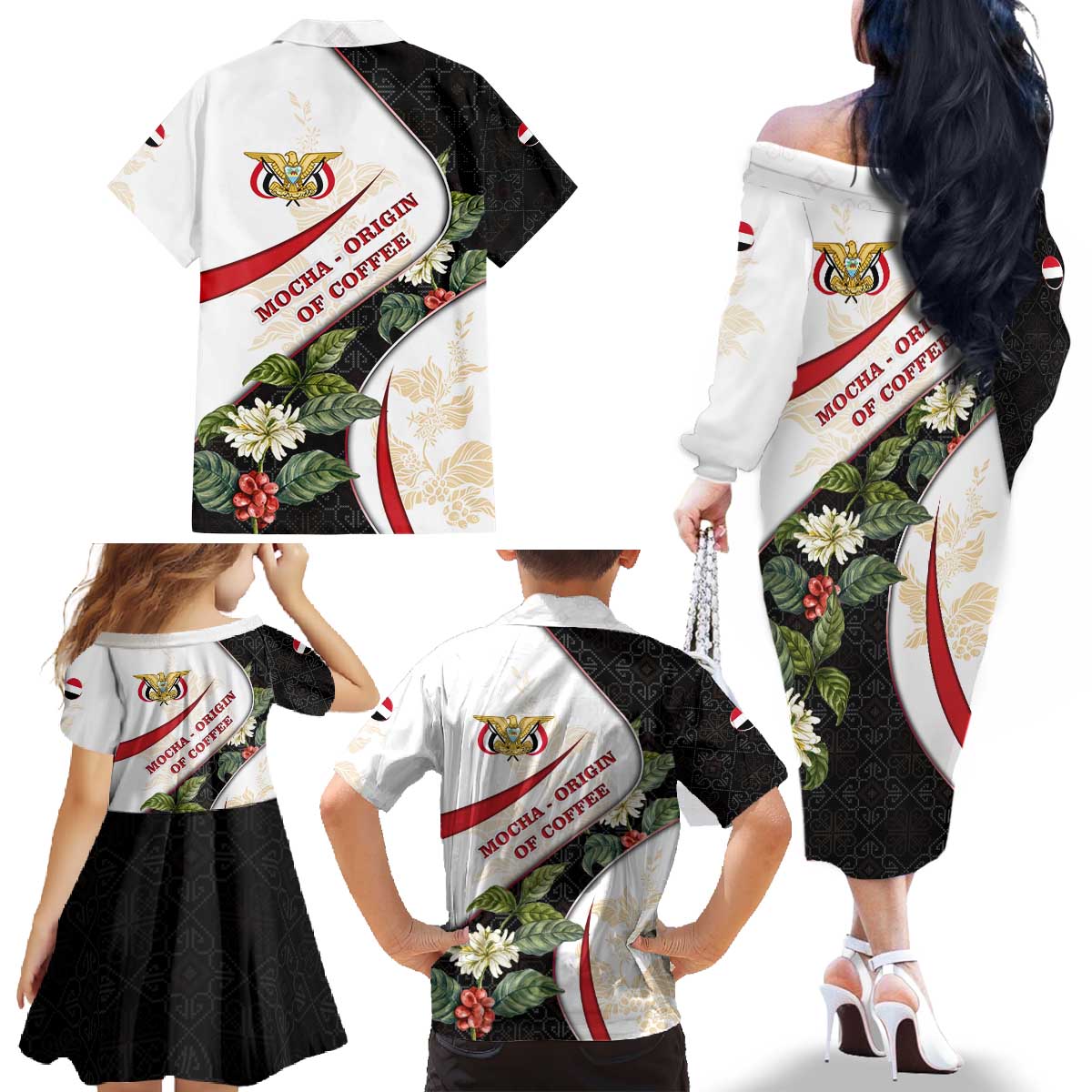 Yemen Family Matching Off The Shoulder Long Sleeve Dress and Hawaiian Shirt with Mocha Coffee Plant Design and National Flag Accents