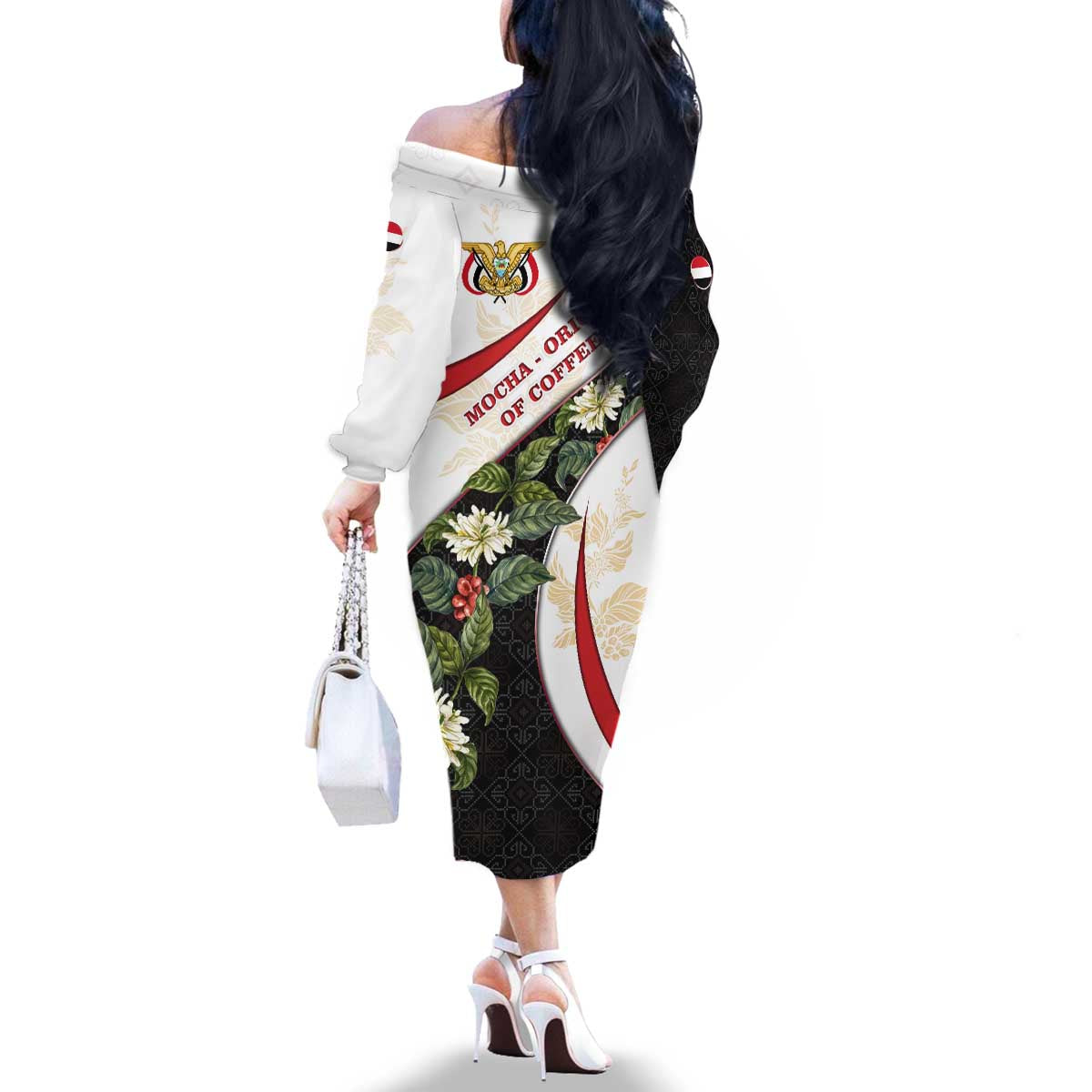 Yemen Family Matching Off The Shoulder Long Sleeve Dress and Hawaiian Shirt with Mocha Coffee Plant Design and National Flag Accents