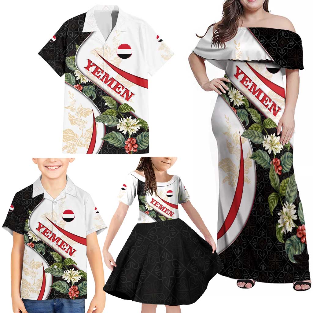 Yemen Family Matching Off Shoulder Maxi Dress and Hawaiian Shirt with Mocha Coffee Plant Design and National Flag Accents