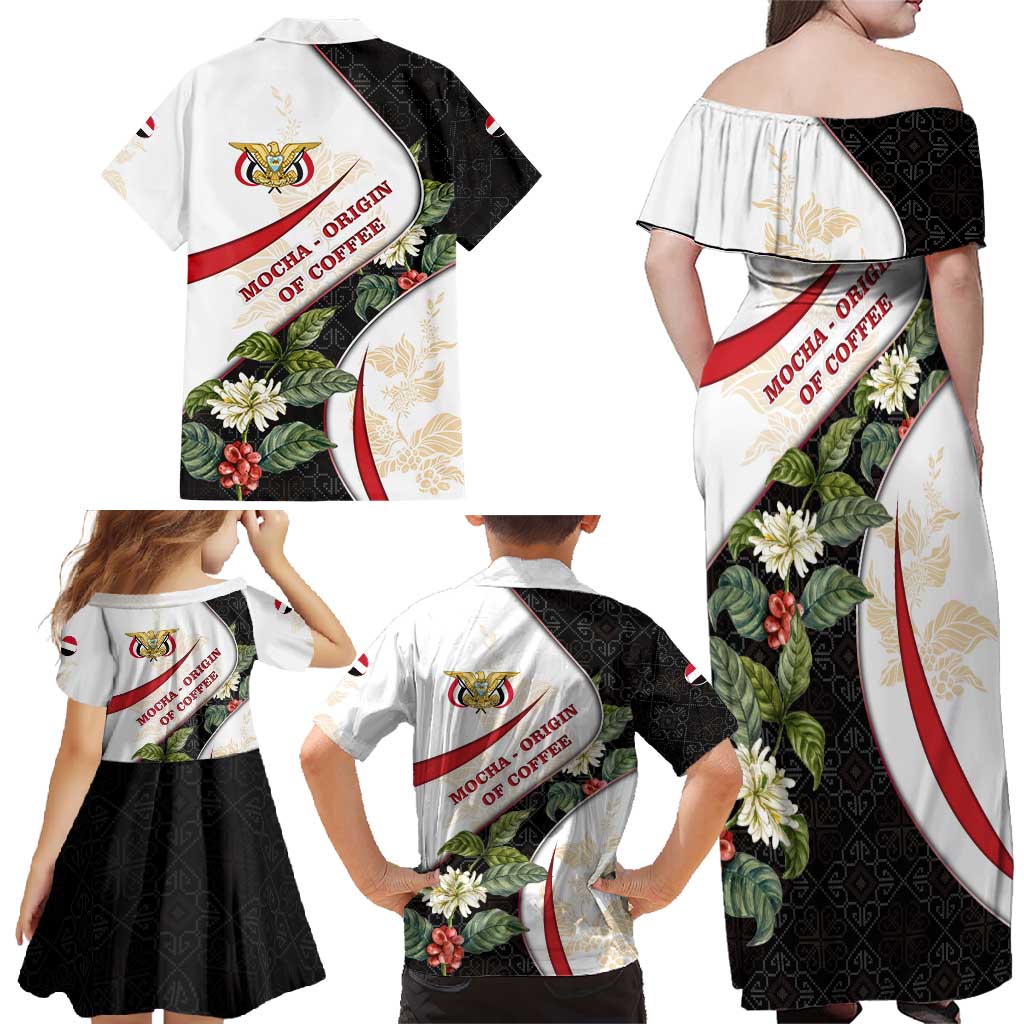 Yemen Family Matching Off Shoulder Maxi Dress and Hawaiian Shirt with Mocha Coffee Plant Design and National Flag Accents