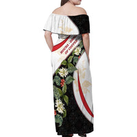 Yemen Family Matching Off Shoulder Maxi Dress and Hawaiian Shirt with Mocha Coffee Plant Design and National Flag Accents