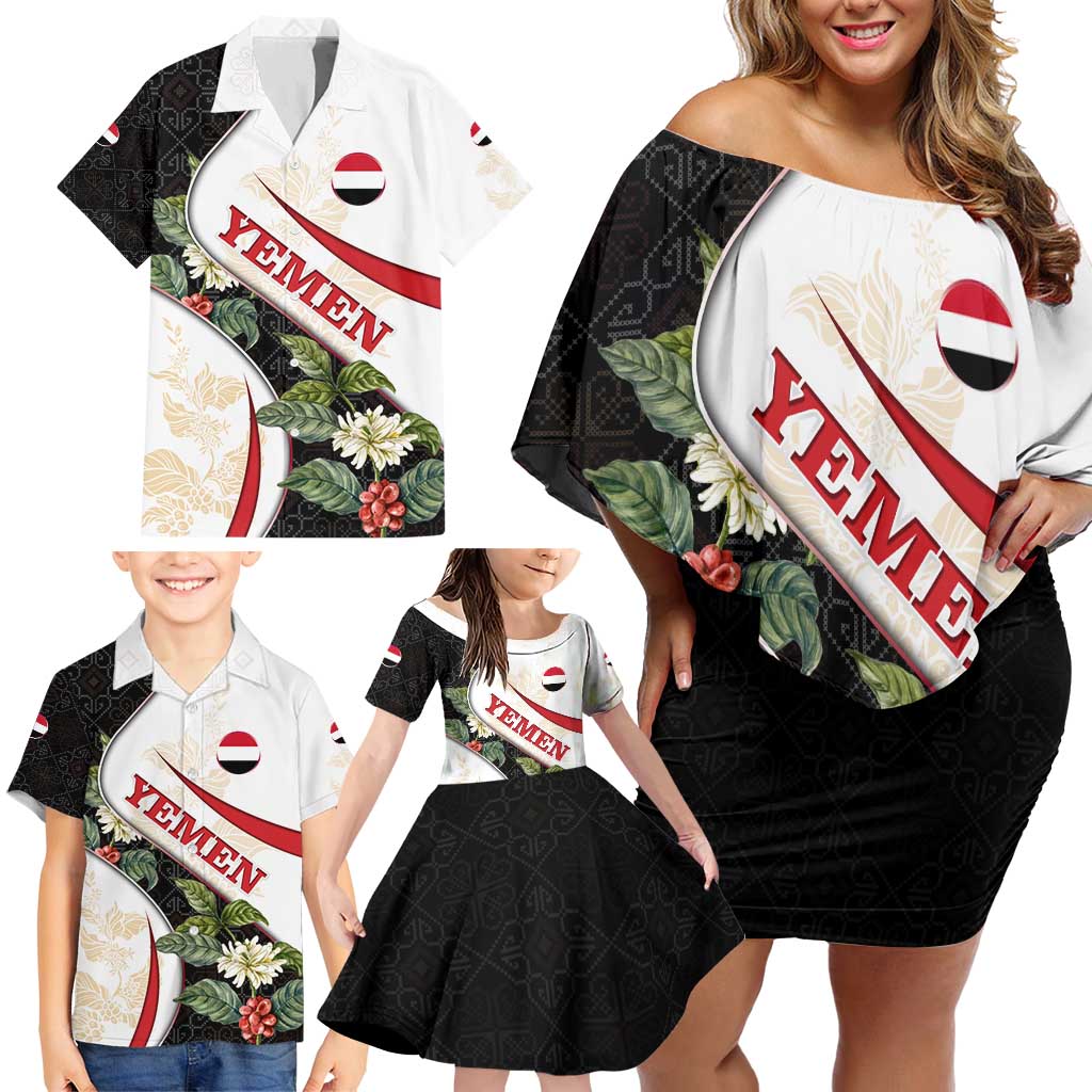 Yemen Family Matching Off Shoulder Short Dress and Hawaiian Shirt with Mocha Coffee Plant Design and National Flag Accents