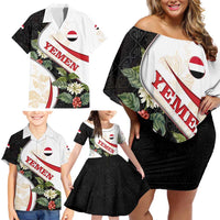 Yemen Family Matching Off Shoulder Short Dress and Hawaiian Shirt with Mocha Coffee Plant Design and National Flag Accents