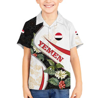 Yemen Family Matching Off Shoulder Short Dress and Hawaiian Shirt with Mocha Coffee Plant Design and National Flag Accents