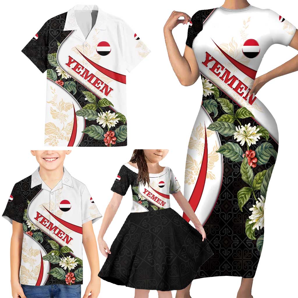 Yemen Family Matching Short Sleeve Bodycon Dress and Hawaiian Shirt with Mocha Coffee Plant Design and National Flag Accents