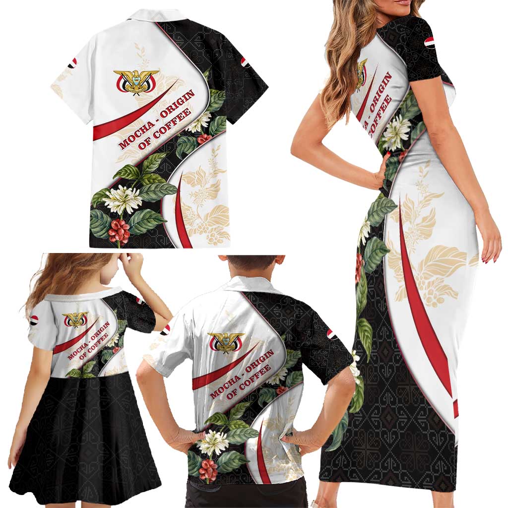 Yemen Family Matching Short Sleeve Bodycon Dress and Hawaiian Shirt with Mocha Coffee Plant Design and National Flag Accents