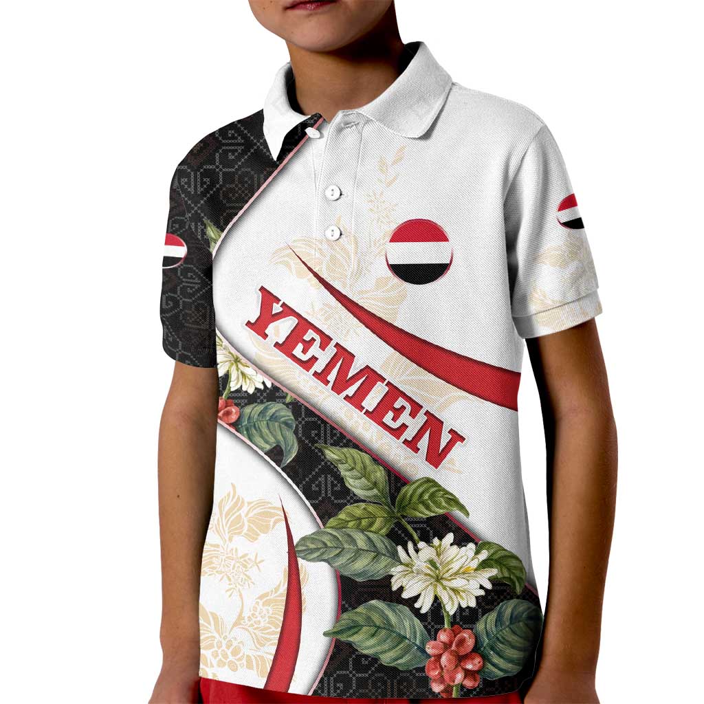 Yemen Kid Polo Shirt with Mocha Coffee Plant Design and National Flag Accents