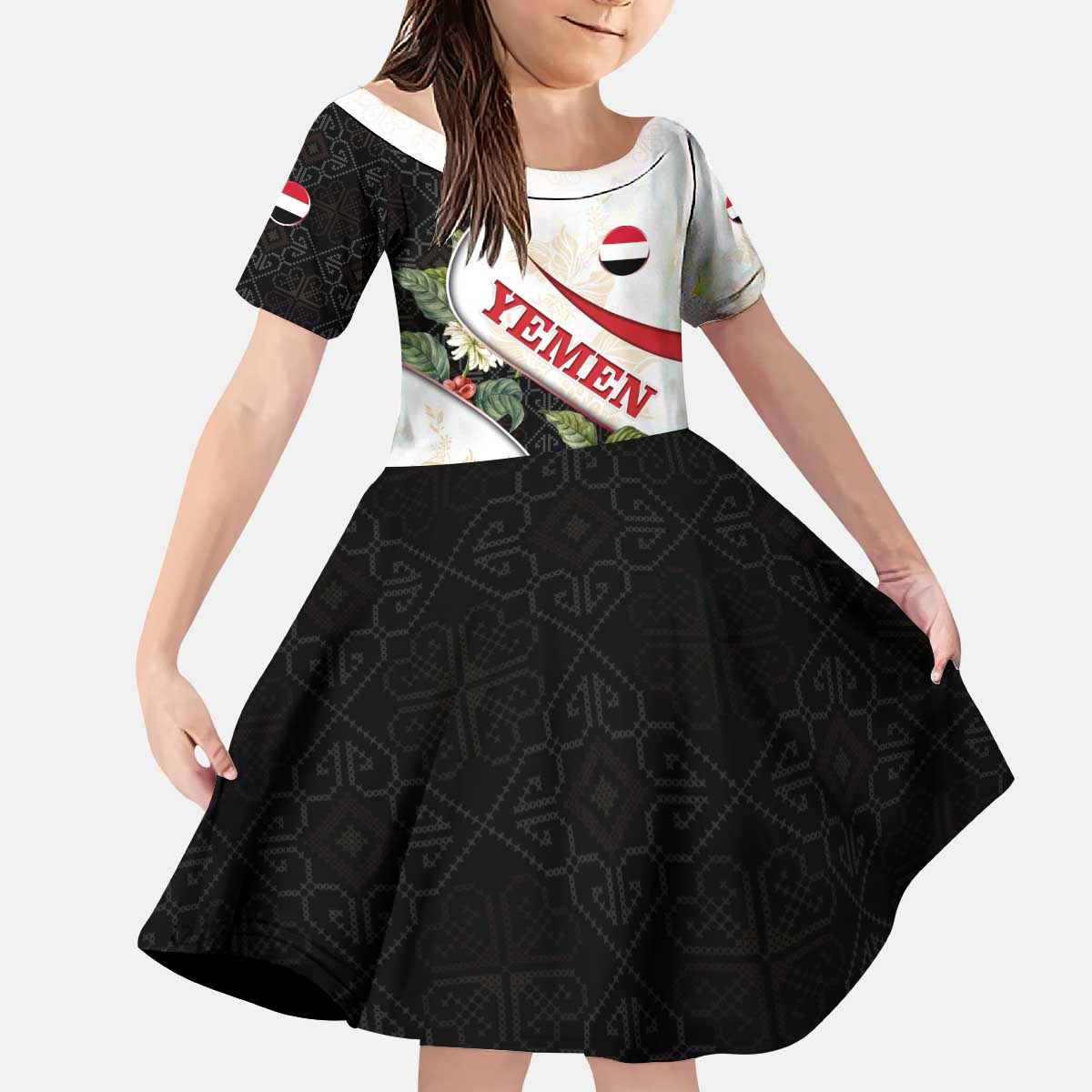 Yemen Kid Short Sleeve Dress with Mocha Coffee Plant Design and National Flag Accents