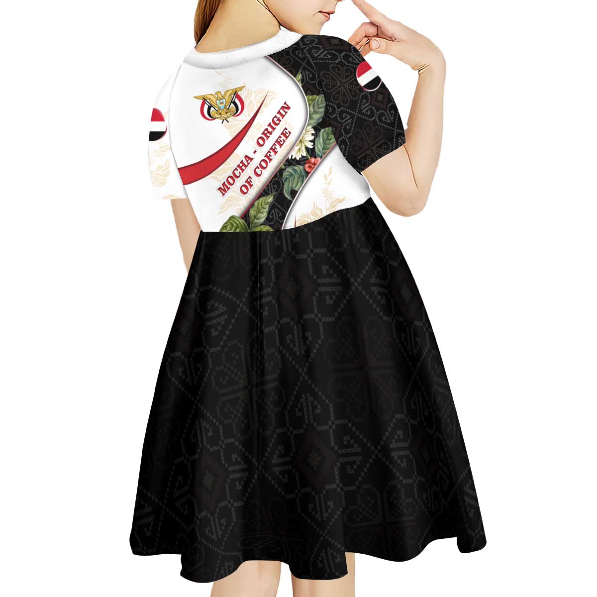 Yemen Kid Short Sleeve Dress with Mocha Coffee Plant Design and National Flag Accents