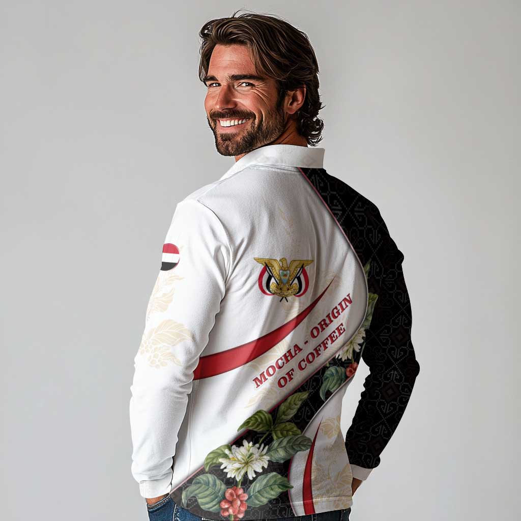 Yemen Long Sleeve Polo Shirt with Mocha Coffee Plant Design and National Flag Accents