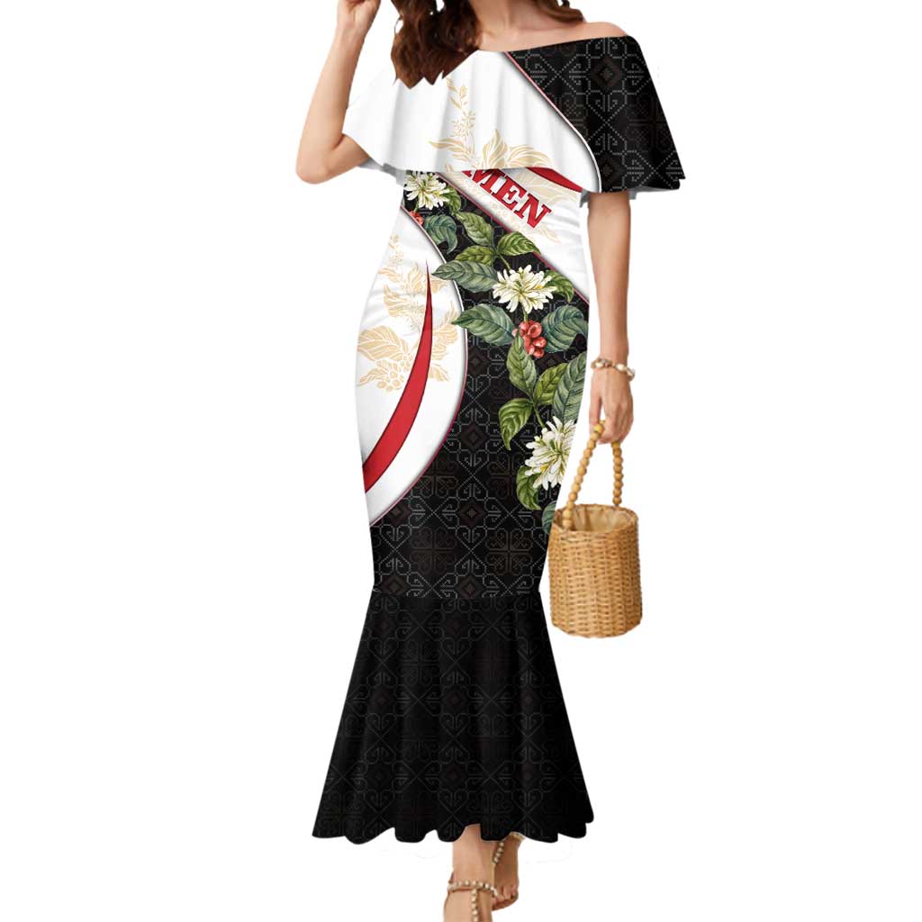 Yemen Mermaid Dress with Mocha Coffee Plant Design and National Flag Accents