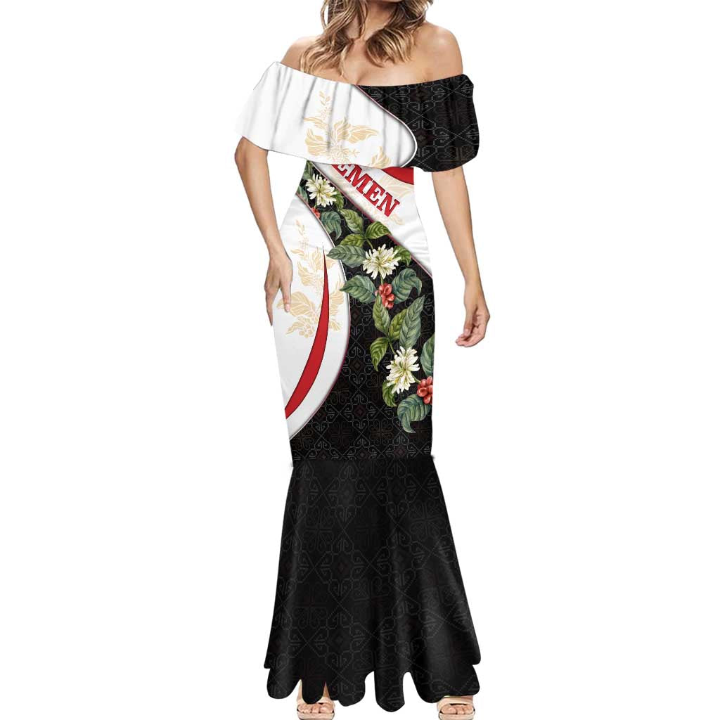 Yemen Mermaid Dress with Mocha Coffee Plant Design and National Flag Accents