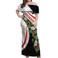 Yemen Off Shoulder Maxi Dress with Mocha Coffee Plant Design and National Flag Accents