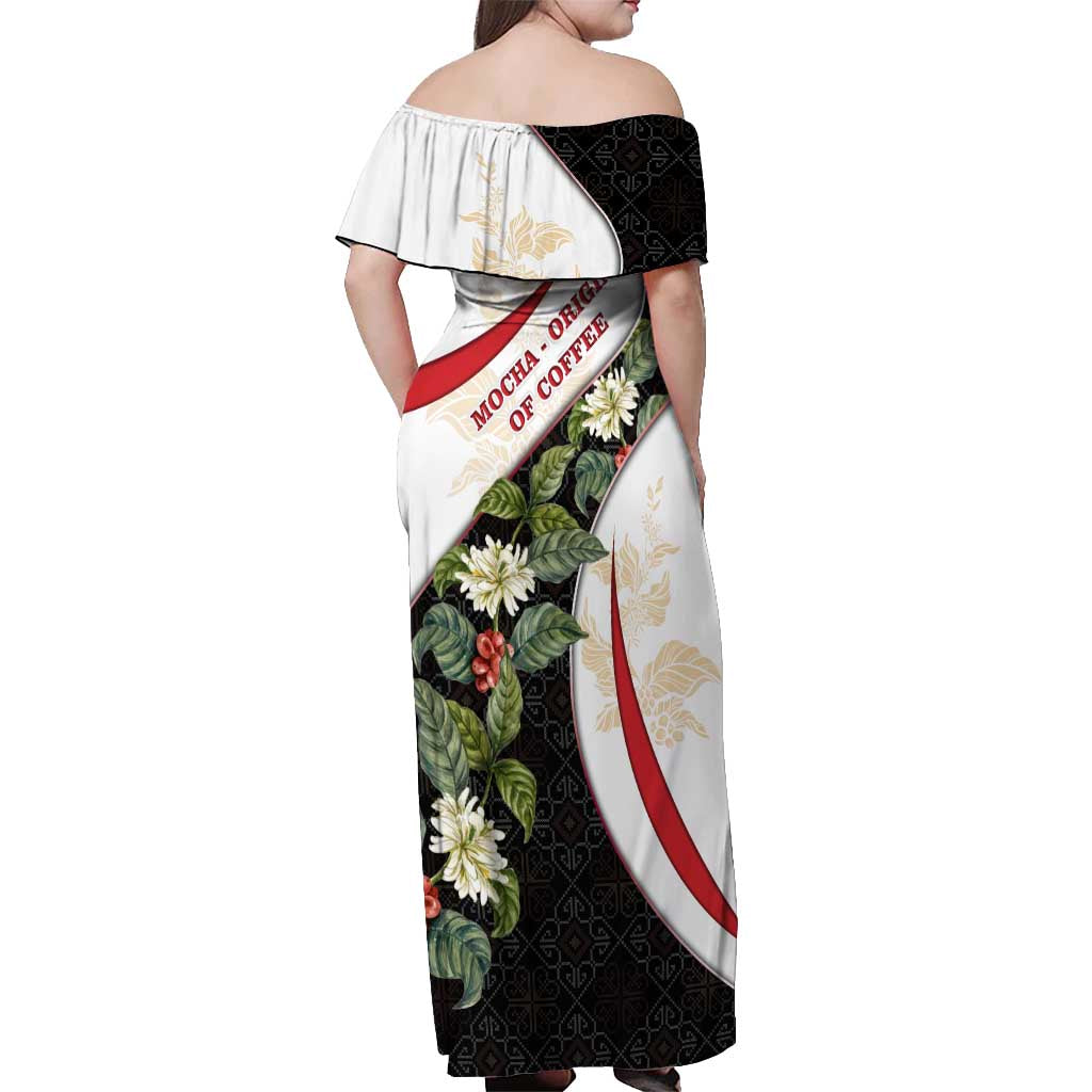 Yemen Off Shoulder Maxi Dress with Mocha Coffee Plant Design and National Flag Accents