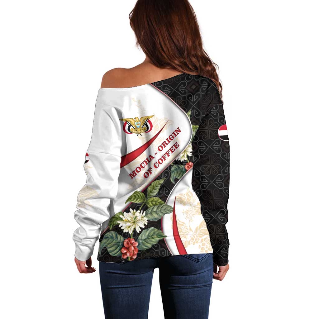 Yemen Off Shoulder Sweater with Mocha Coffee Plant Design and National Flag Accents