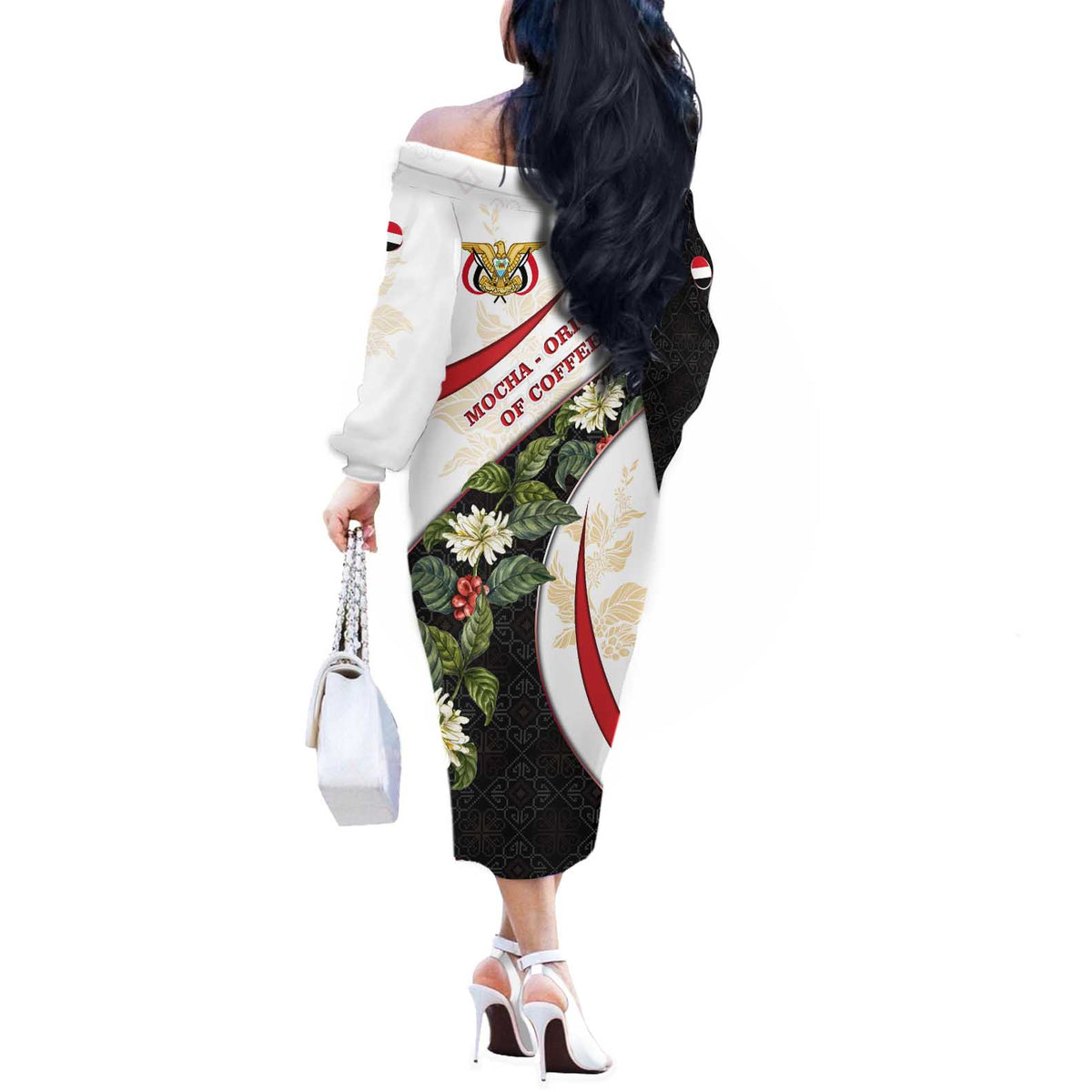 Yemen Off The Shoulder Long Sleeve Dress with Mocha Coffee Plant Design and National Flag Accents