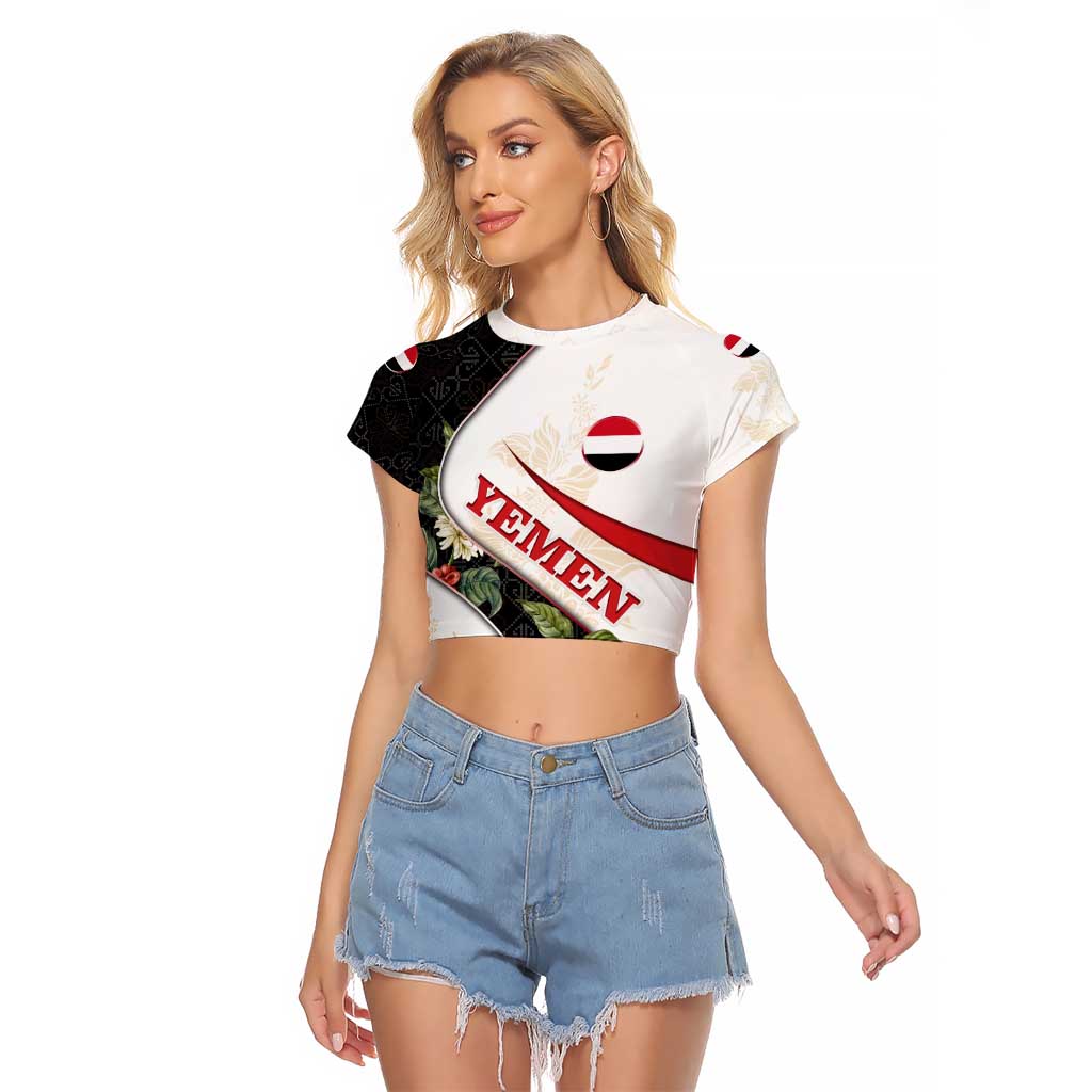 Yemen Raglan Cropped T Shirt with Mocha Coffee Plant Design and National Flag Accents