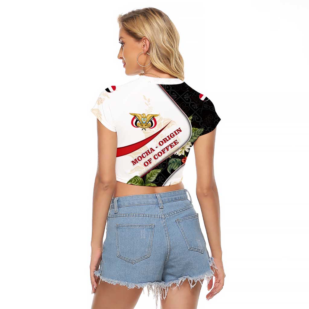 Yemen Raglan Cropped T Shirt with Mocha Coffee Plant Design and National Flag Accents