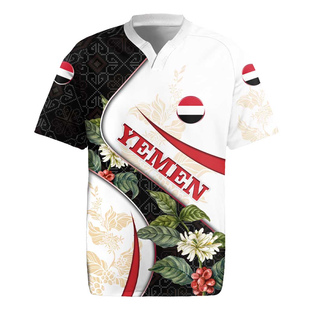 Yemen Rugby Jersey with Mocha Coffee Plant Design and National Flag Accents